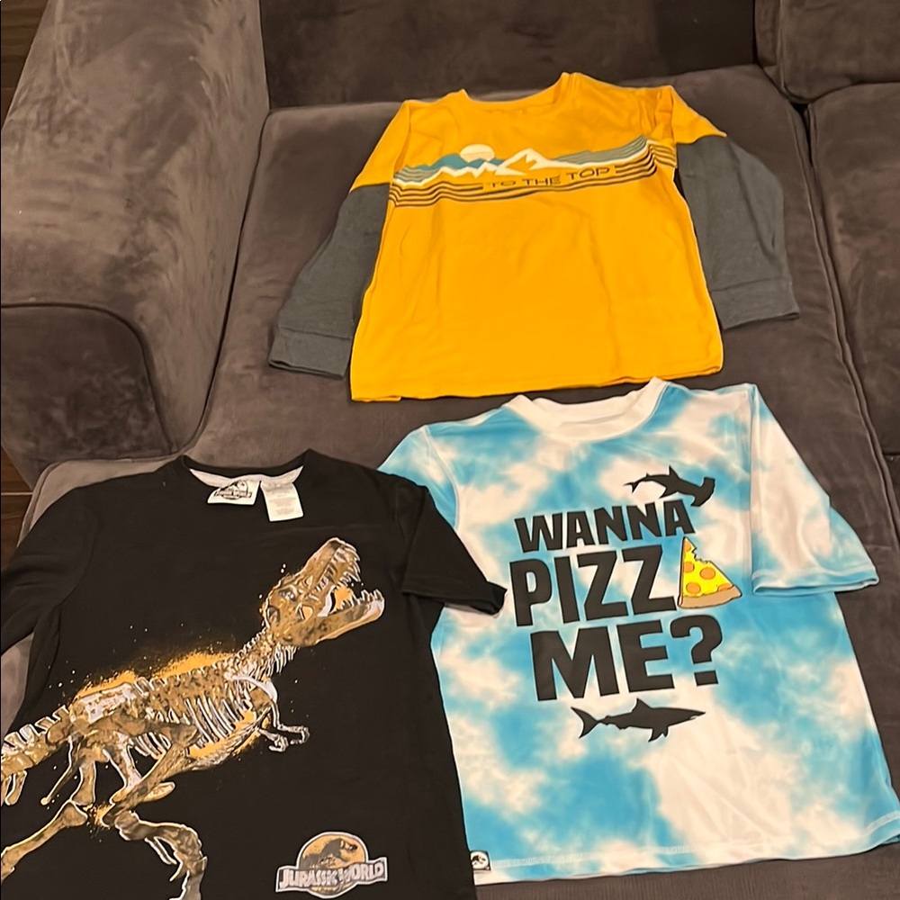 3 Boys Pull over tops. Pizza Sz. 10-12, Top the Top Sz10, Jurassic World Sz8